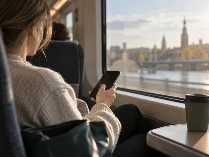 Person svarar på sin mobil under en tågresa
