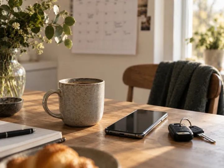 Mobil på ett köksbord bredvid en kaffekopp och bilnycklar