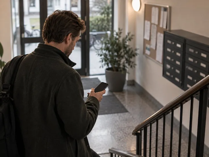 Boende läser ett meddelande på mobilen i trapphuset